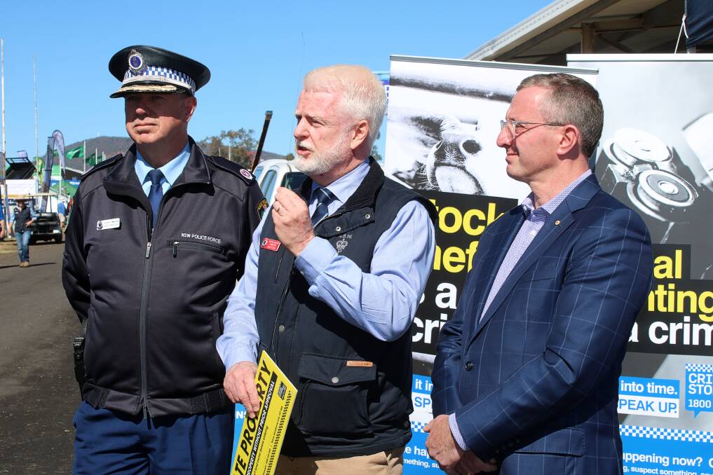 Assistant commissioner Geoff McKechnie, state rural crime coordinator Cameron Whiteside and Crime Stoppers CEO Peter Price at the announcement at AgQuip on Tuesday. Photo: Vanessa Hohnke