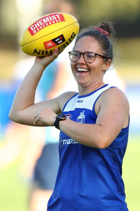 HAVING A BLAST: North Melbourne midfielder Emma Kearney is preparing for the 2021 AFLW season. It comes after COVID-19 cut last season short. Picture: Getty Images 