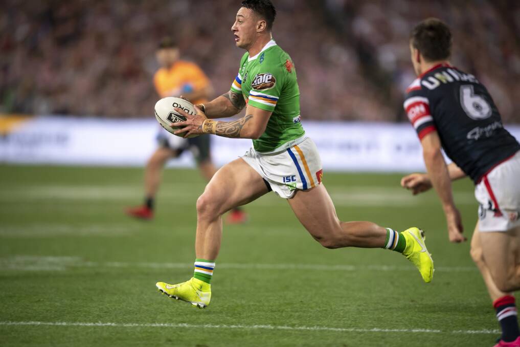 SO CLOSE: Raider Charnze Nicoll-Klokstad runs with the ball during Sunday's epic NRL grand final. Picture: Sitthixay Ditthavong