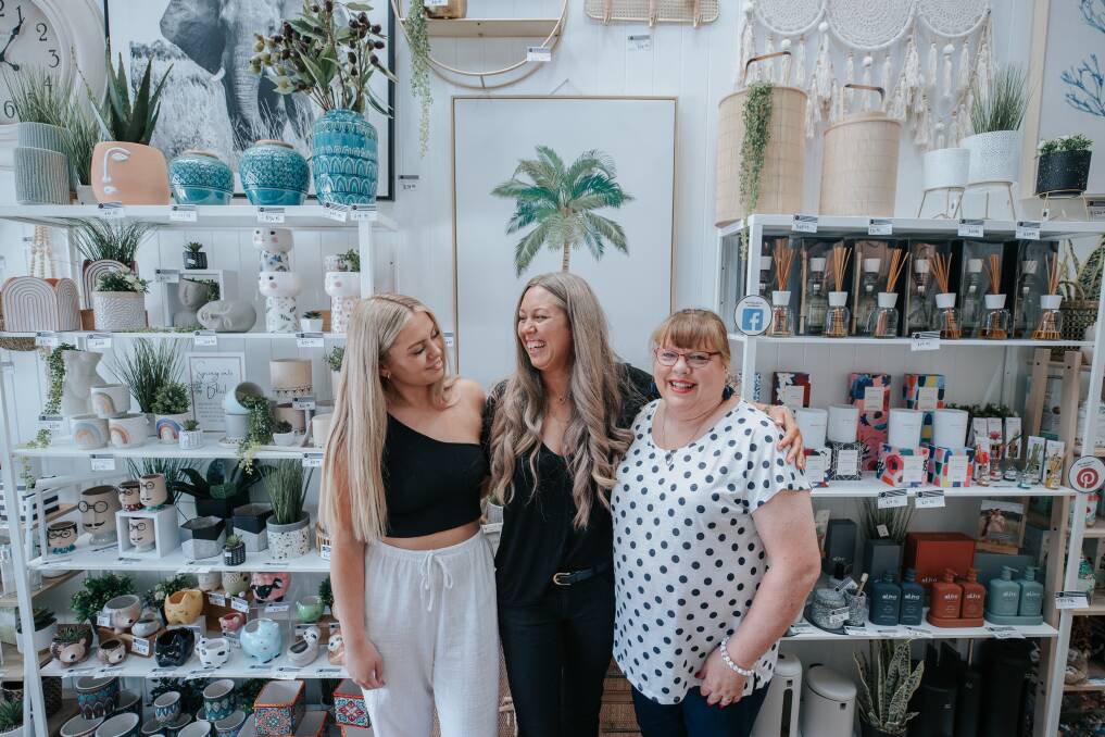 FAMILY: Melissa (centre) with her daughter Sky Hession and mother Glenda Thoroughgood. The shop now employees 12 women who've learned all their retail knowledge through on the job learning and Melissa's investment in their training. Photo: Sam Venn Photography. 