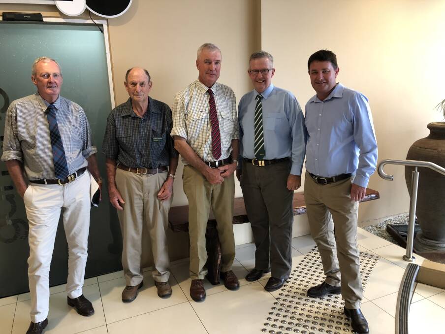 PARKES PICK: Federal MP Mark Coulton (second from right) with Parkes executive Doug McKay, Richard Chapman, chairman Warwick Knight and Barwon Candidate Andrew Schier. Photo: Supplied
