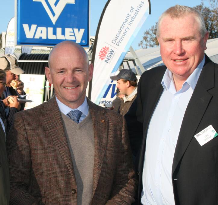 NSW Primary Industries Minister Niall Blair and GRDC northern panel chairman John Minogue at last year's winter and summer crop update breakfast meeting at AgQuip.