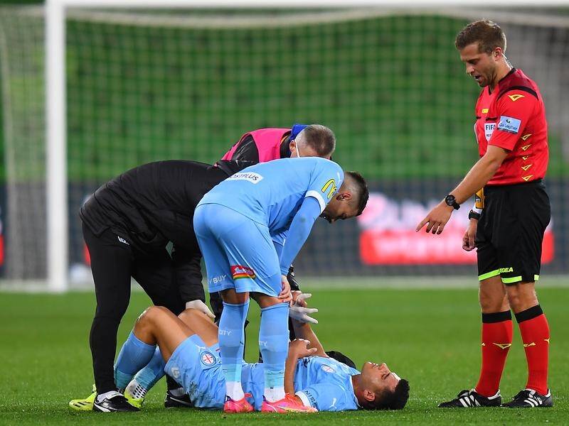 Socceroos winger Andrew Nabbout was injured in Melbourne City's 4-1 A-League win over Adelaide.
