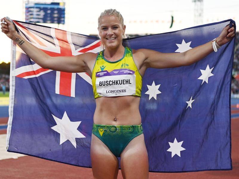 Brooke Buschkuel celebrates in Birmingham after winning her second Commonwealth Games silver medal. (Dean Lewins/AAP PHOTOS)