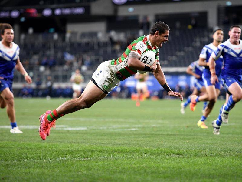 Dane Gagai scores a late breakaway try to seal South Sydney's 26-10 NRL win over the Bulldogs.