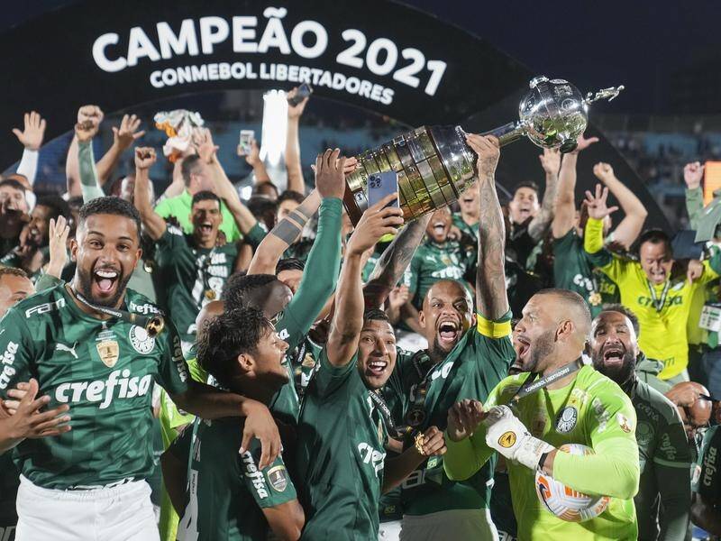 Palmeiras players celebrate their Copa Libertadores title win after victory over Flamengo.