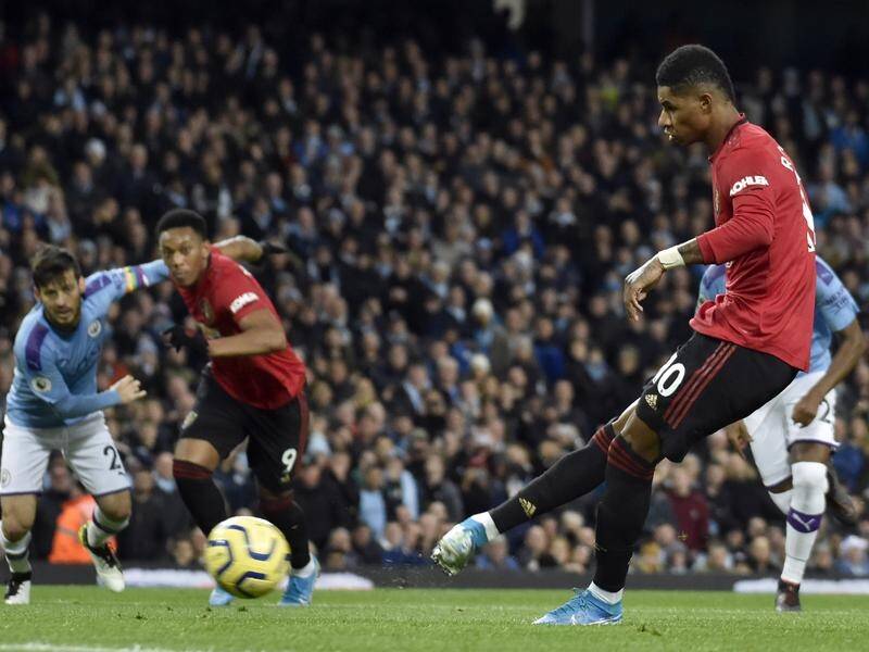 Marcus Rashford opened the scoring in Manchester United's 2-1 derby win over Manchester City.