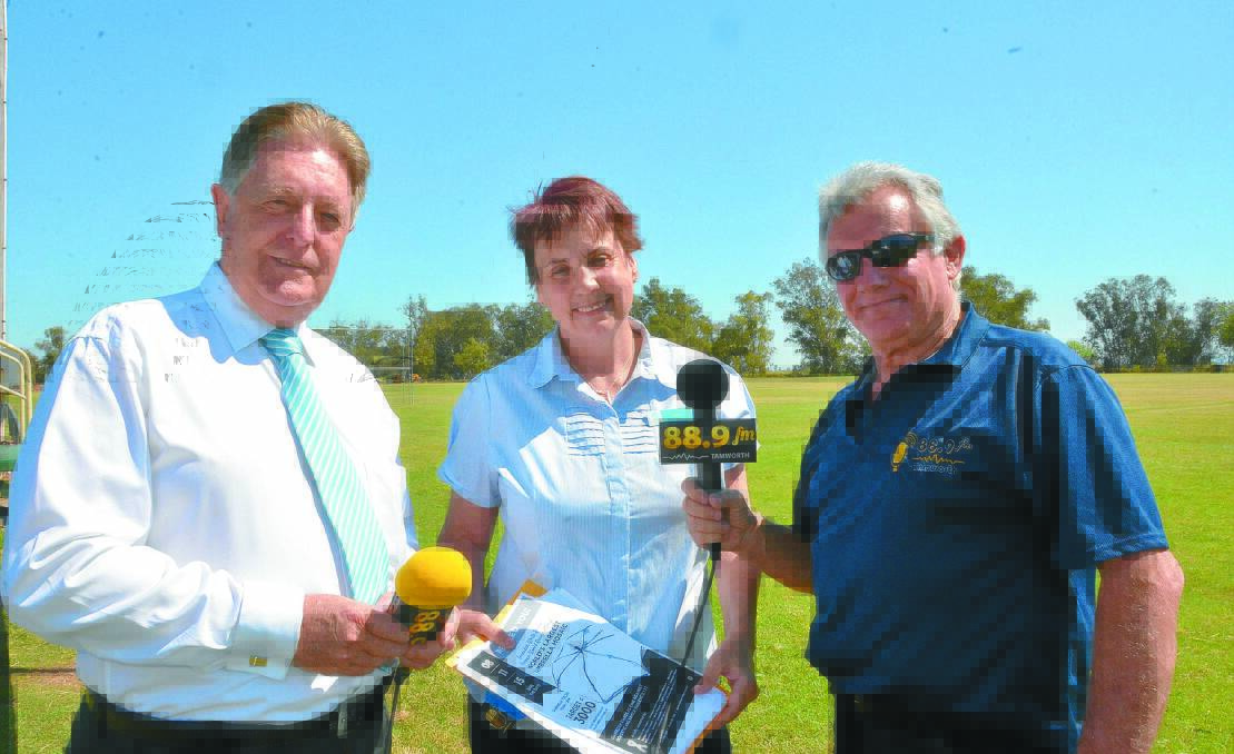 GUINNESS World Record event organiser Debra Hilton pictured at Donnelly Fields during an interview with former Radio 2MO announcer, George Frame (operations manager/88.9 FM), left, and sales and marketing manager/DJ Ray McCoy.