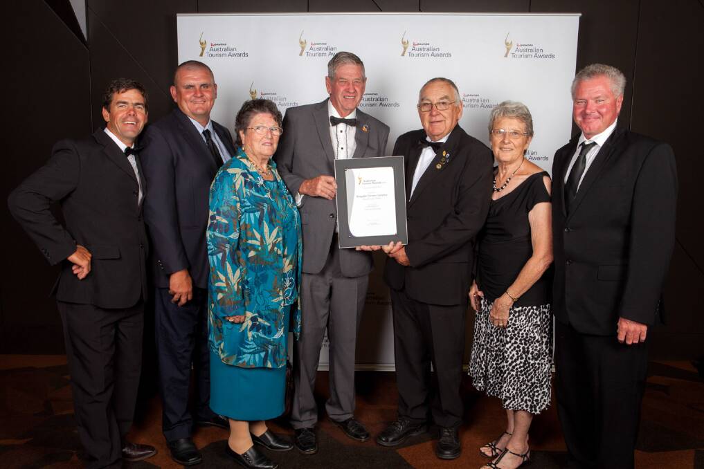 Richard Gilham, Rod Kerr, May and Ron Boxsell, Geoff and Elaine Eather, and Craig Devine with their silver award at the Qantas Australian Tourism Awards..Photo:SDP Media