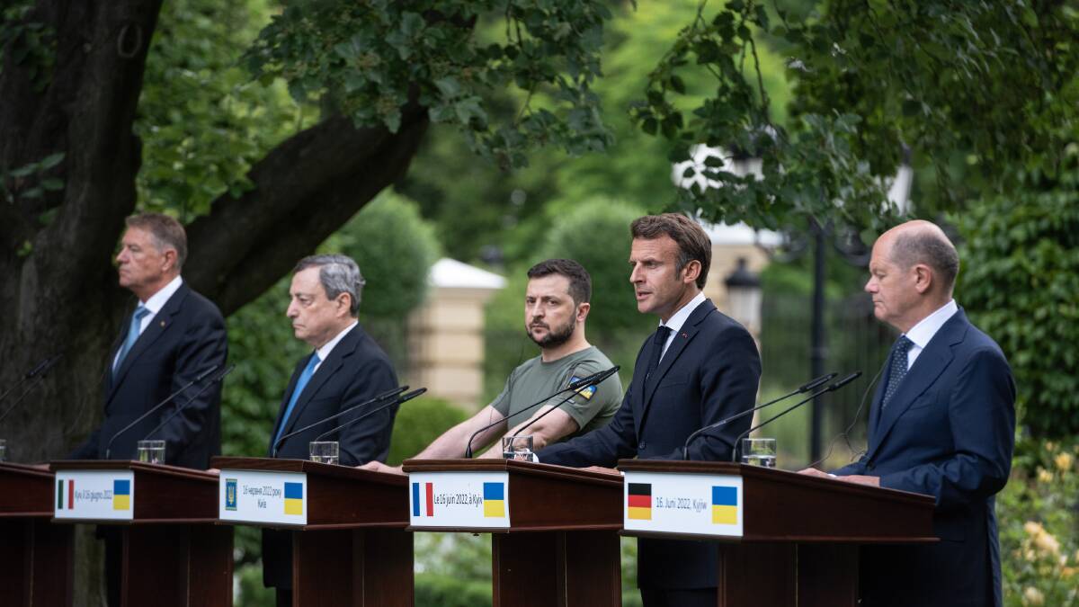 Romanian President Klaus Iohannis, Italian Prime Minister Mario Draghi, Ukrainian President Volodymyr Zelensky, French President Emmanuel Macron and German Chancellor Olaf Scholz during a press conference on June 16, 2022 in Kyiv, Ukraine. Picture: Getty Images