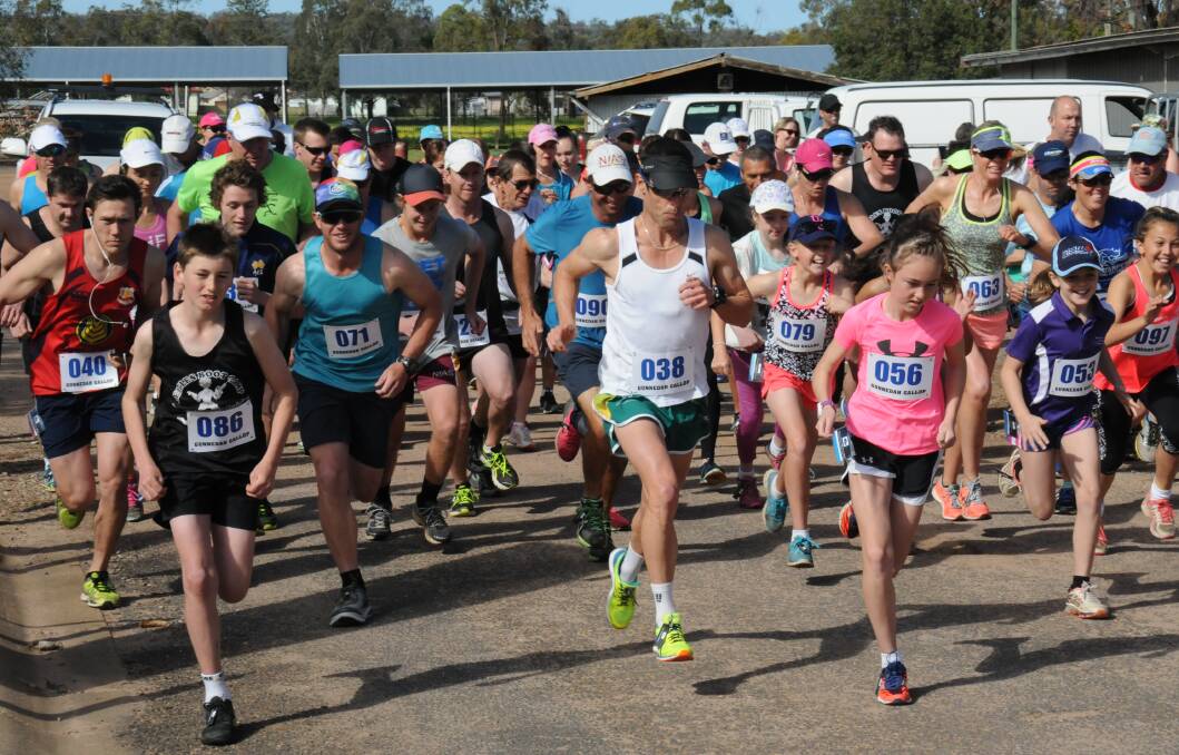 READY, SET, GO: Competitors start the eight-kilometre race at Sunday's Gunnedah Gallop, with Peter Loveridge (number 38) ready to go in front.
