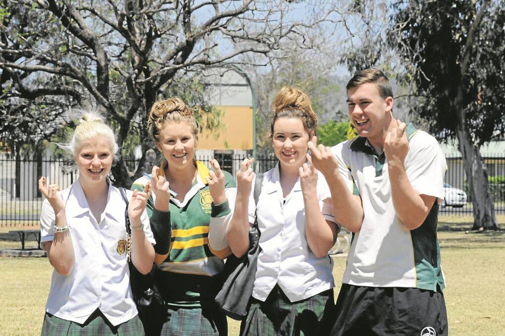 Fingers crossed for a good result. Pictured before Monday’s drama exam are Gunnedah High School students, from left, Charlee Smith, Sara Hutchinson, Emily Bruce and Kalin Eade.