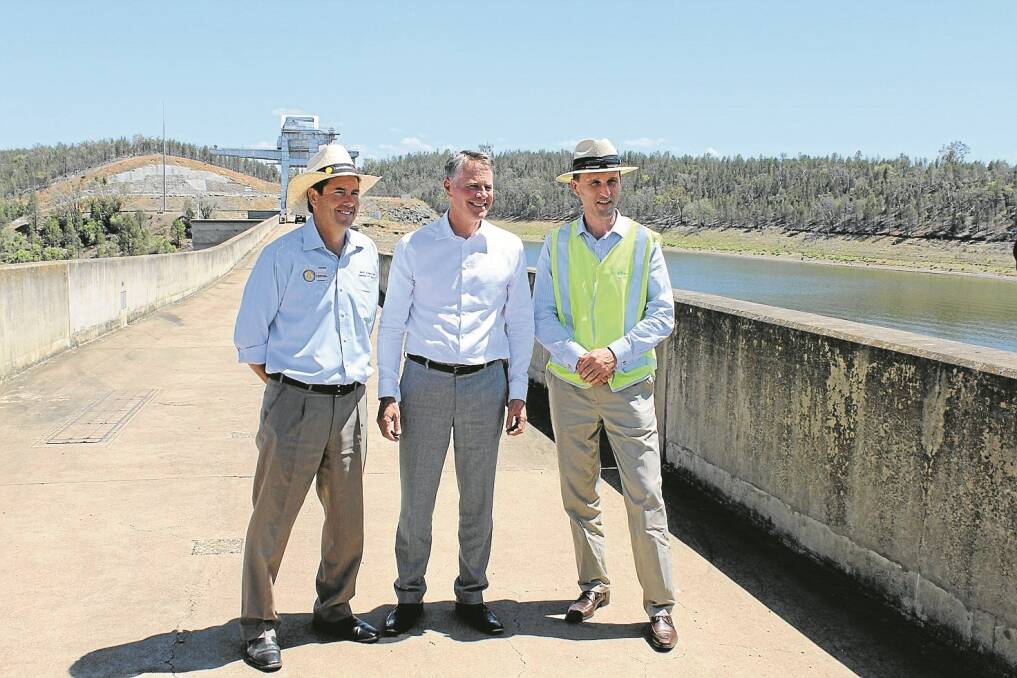 A new Keepit Dam upgrade contract has been awarded. Pictured at the dam wall from left, Member for Tamworth Kevin Anderson, Deputy Premier Andrew Stoner and State Water CEO Brett Tucker.