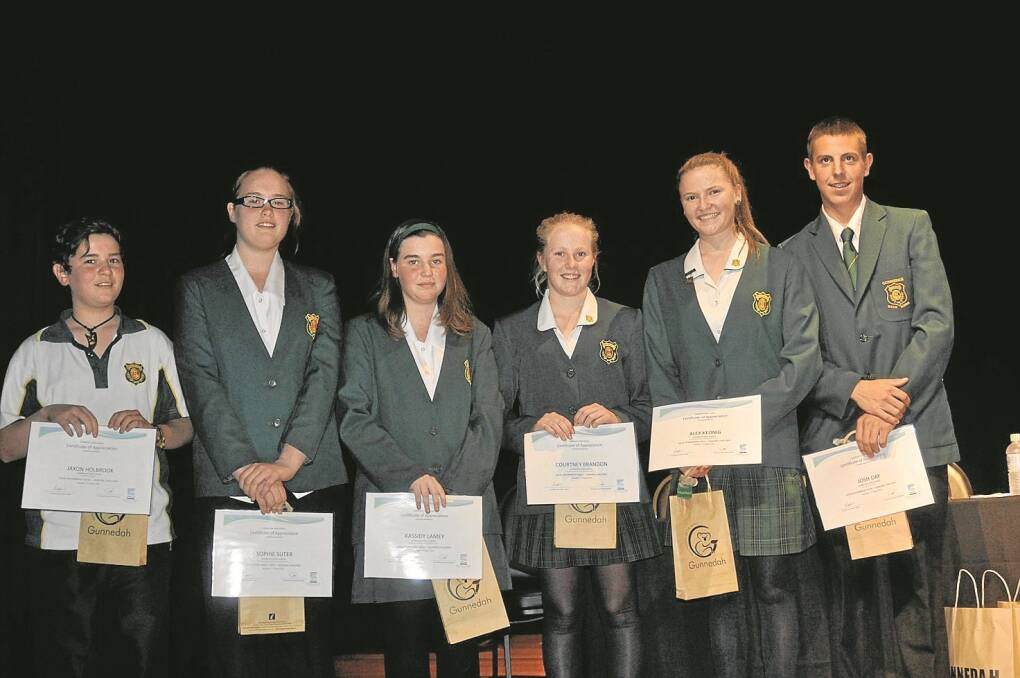 GUNNEDAH High School’s debating team included an adviser and two time-keepers. From left, Jaxon Holbrook, Sophie Suter, Kassidy Lamey,  Courtney Brandon, Alex Keonig (best speaker) and Josh Day. 