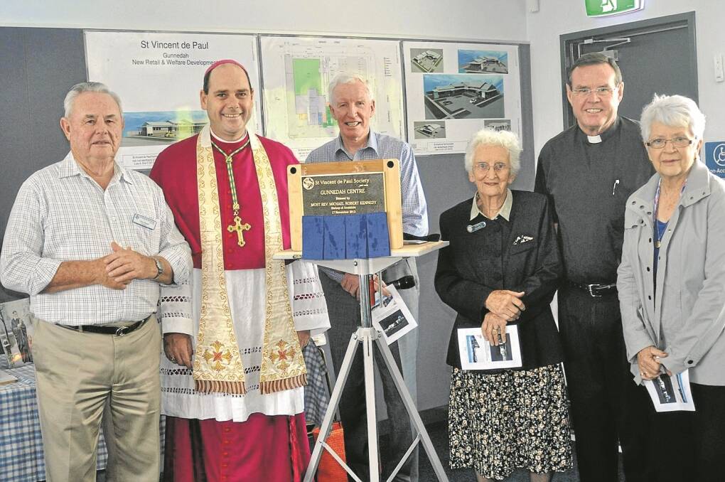 PICTURED at the blessing of the new St Vincent de Paul Centre are Armidale Diocesan Vice-President, Don Hewitt, left, Bishop Michael Kennedy, Diocesan President Kerry Muir, Gunnedah President Gloria Reading, Parish Priest Fr John McHugh and centre manager Olga Wilson.