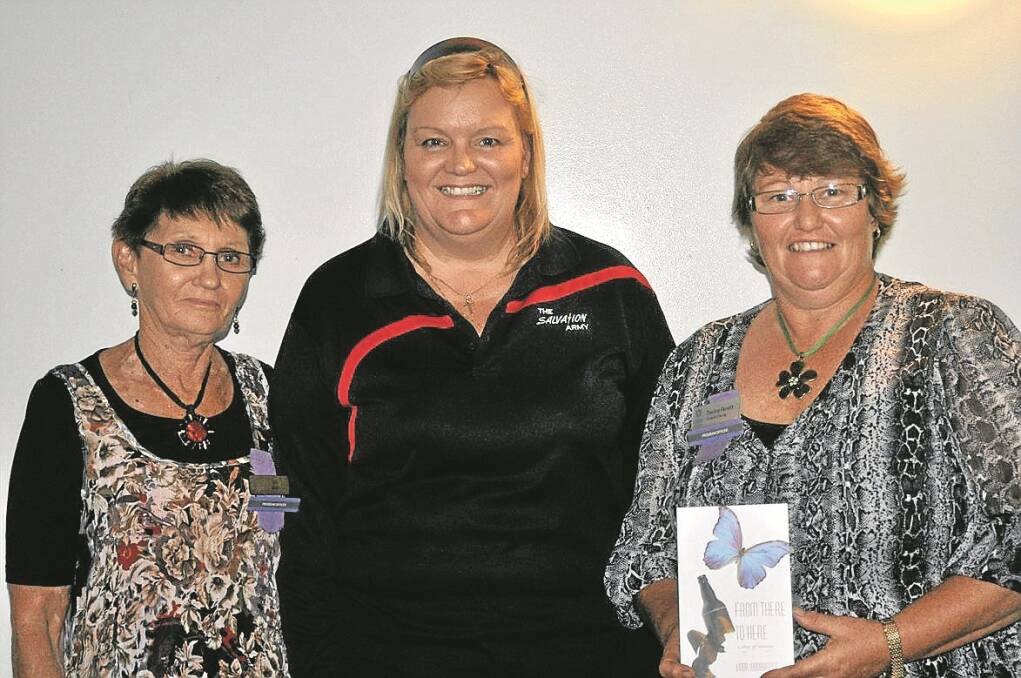 THE Salvation Army’s Hope House administrator, Major Joy Wilson, centre, was guest speaker at the Gunnedah Evening VIEW Club’s dinner meeting this week. Program Officers, Lyn Boal, left, and Therese Perrett presented a small gift as a token of appreciation. Therese is holding the book written by Linda Woodbridge who will be guest speaker at Hope House in May.