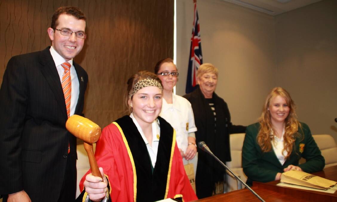 'OUSTED' Mayor Adam Marshall, with Mayor for a Day Rachael Billingham and finalists Jenni Morris and Sara Hutchison, with Deputy Mayor Colleen Fuller.